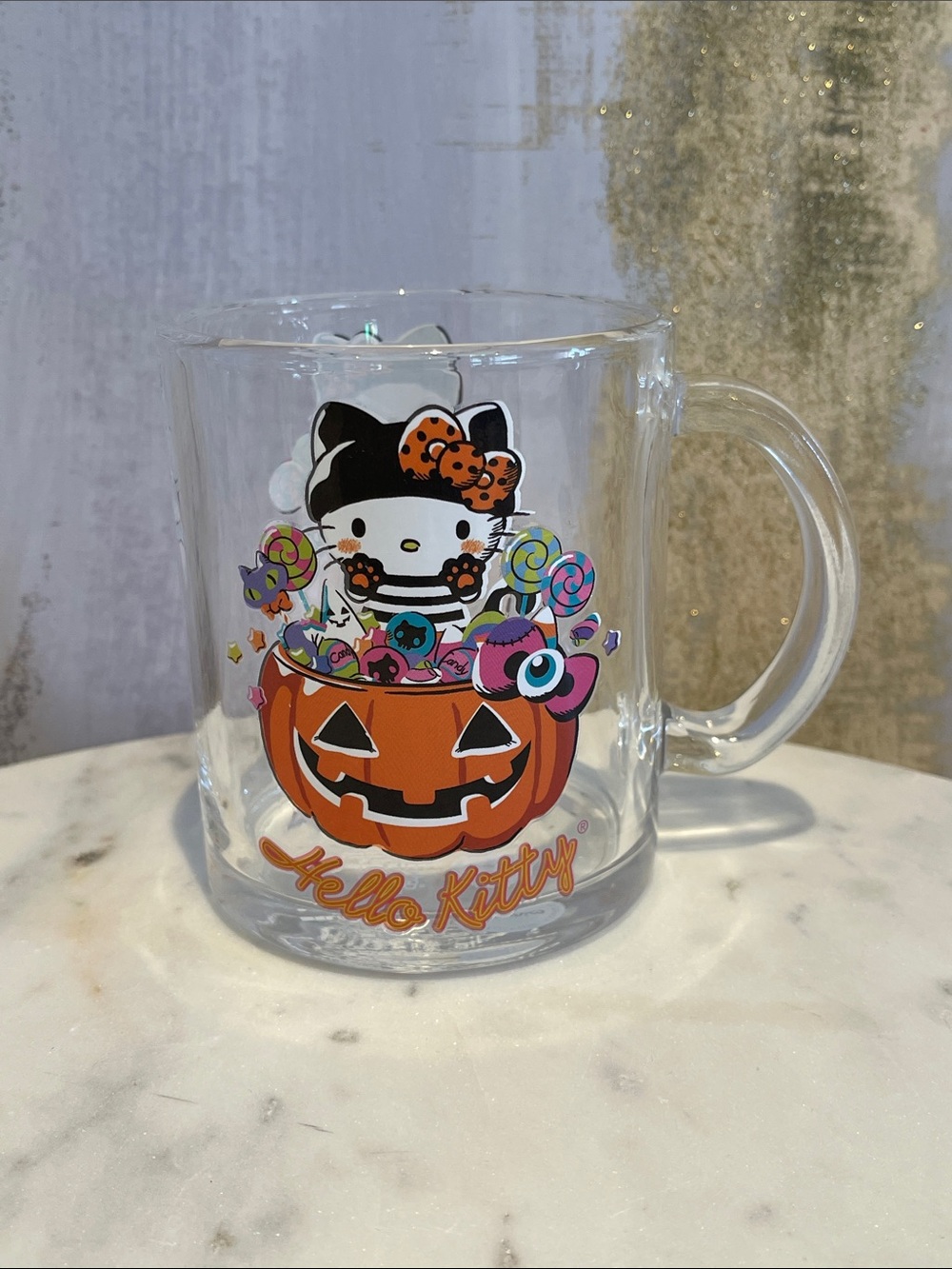 Hello Kitty Clear Glass Halloween Mug with Orange Pumpkin and Colorful Candy